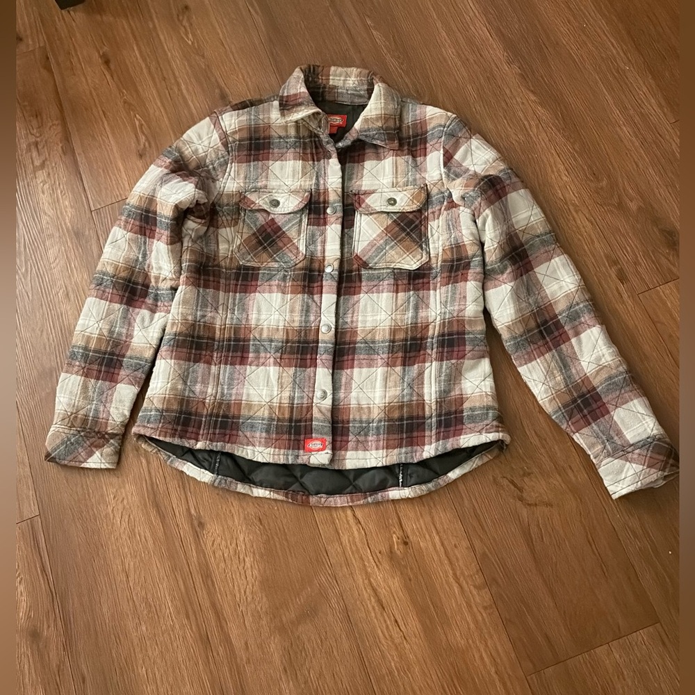 Women’s Plaid Dickies Button Up Jacket Grey/burgundy/brown quilted Sz. S